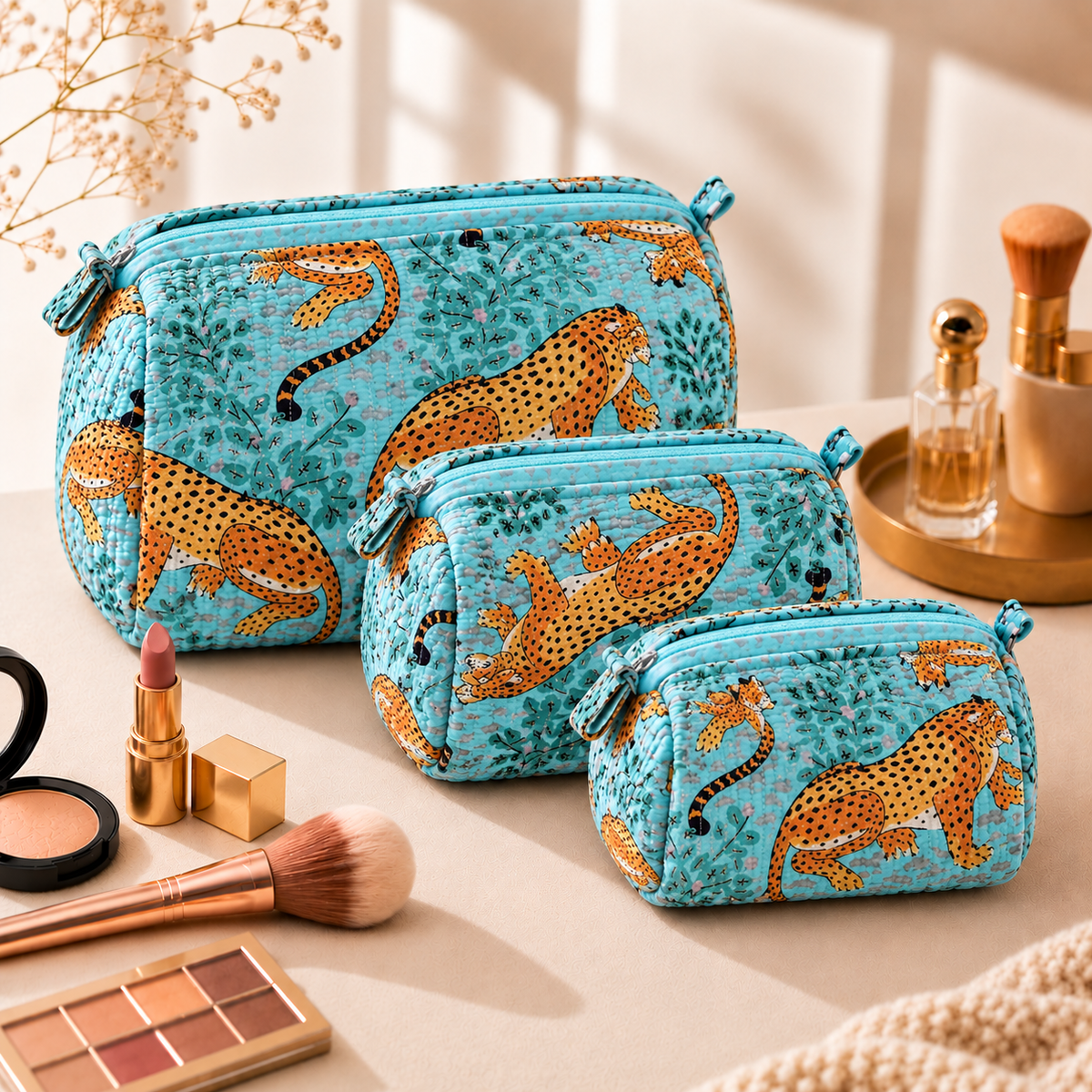 Set Of 3 Makeup Bag, Savannah Leopard Print Block Print Cotton Travel Case, Quilted Cosmetic Storage Bag Set