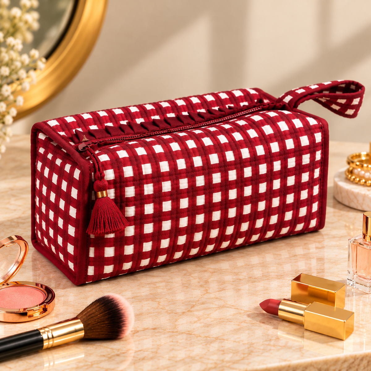 Large Quilted Makeup Bag, Coastal Stripe Travel Toiletry Case, Cotton Cosmetic Storage Bag with Handle