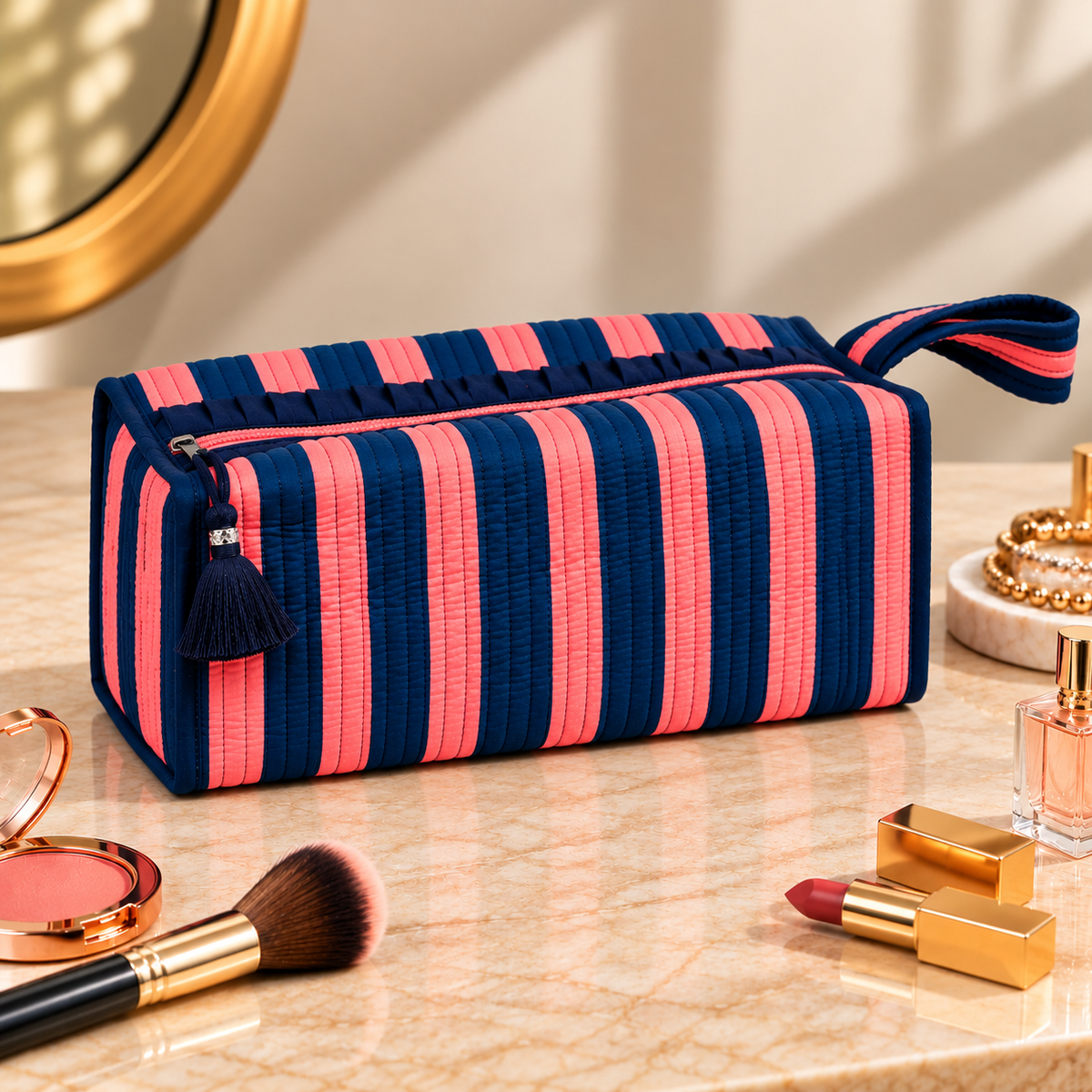 Large Quilted Makeup Bag, Coastal Stripe Travel Toiletry Case, Cotton Cosmetic Storage Bag with Handle