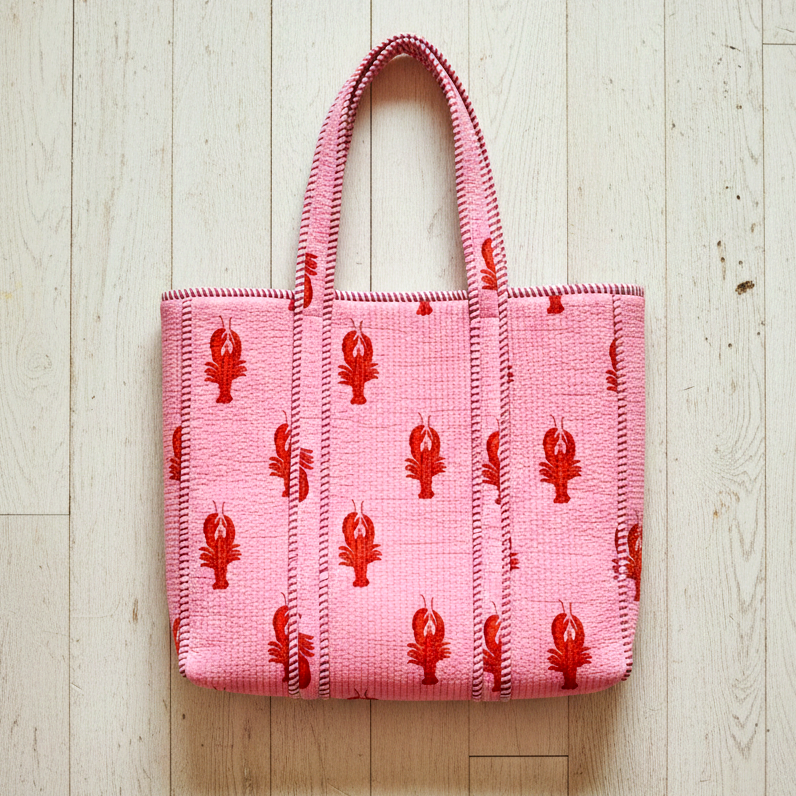 Handmade Pink Lobster Print Quilted Cotton Tote Bag, Indian Block Print Boho Shoulder Bag, Coastal Nautical Travel Beach Bag