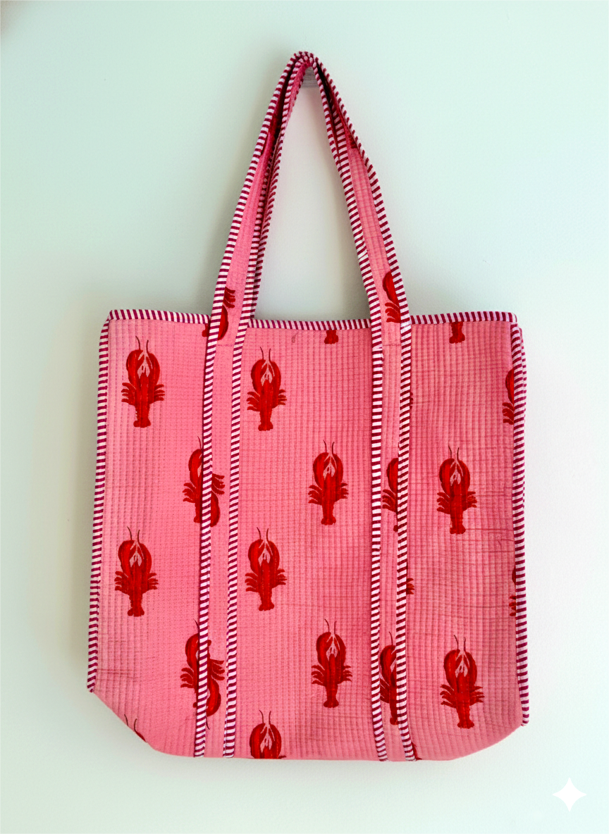 Handmade Pink Lobster Print Quilted Cotton Tote Bag, Indian Block Print Boho Shoulder Bag, Coastal Nautical Travel Beach Bag