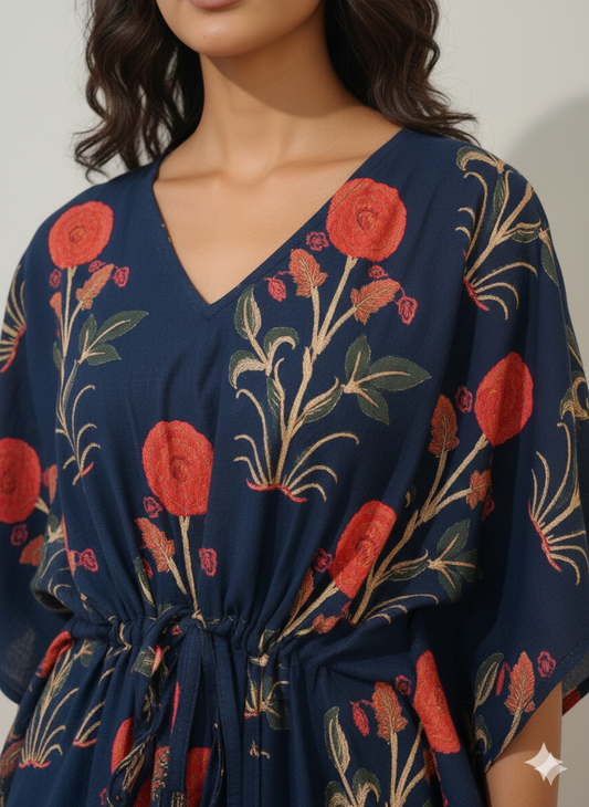 Hand Block Print Cotton Kaftan - Navy Blue Floral Long Maxi Dress, Soft Loungewear