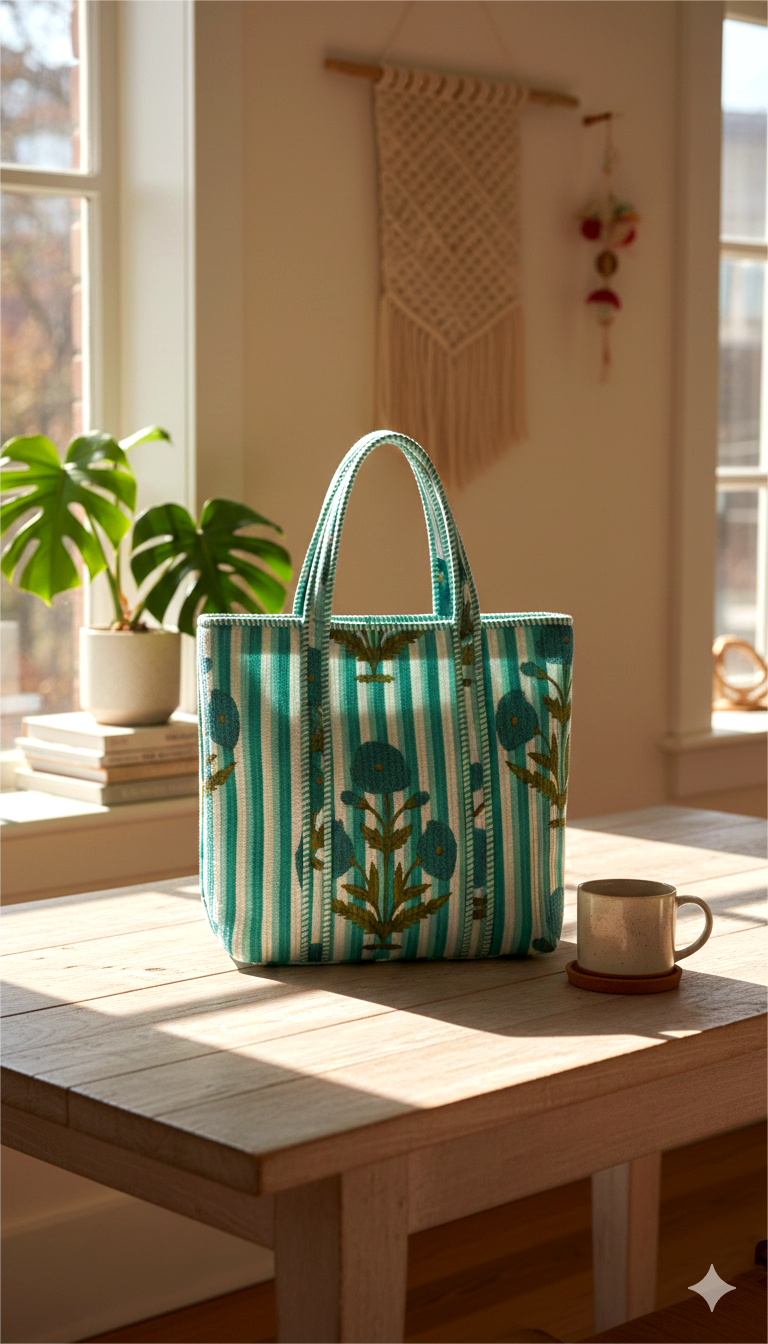 Handmade Green Floral Striped Quilted Cotton Tote Bag, Indian Block Print Boho Shoulder Bag, Botanical Travel Shopping Beach Bag