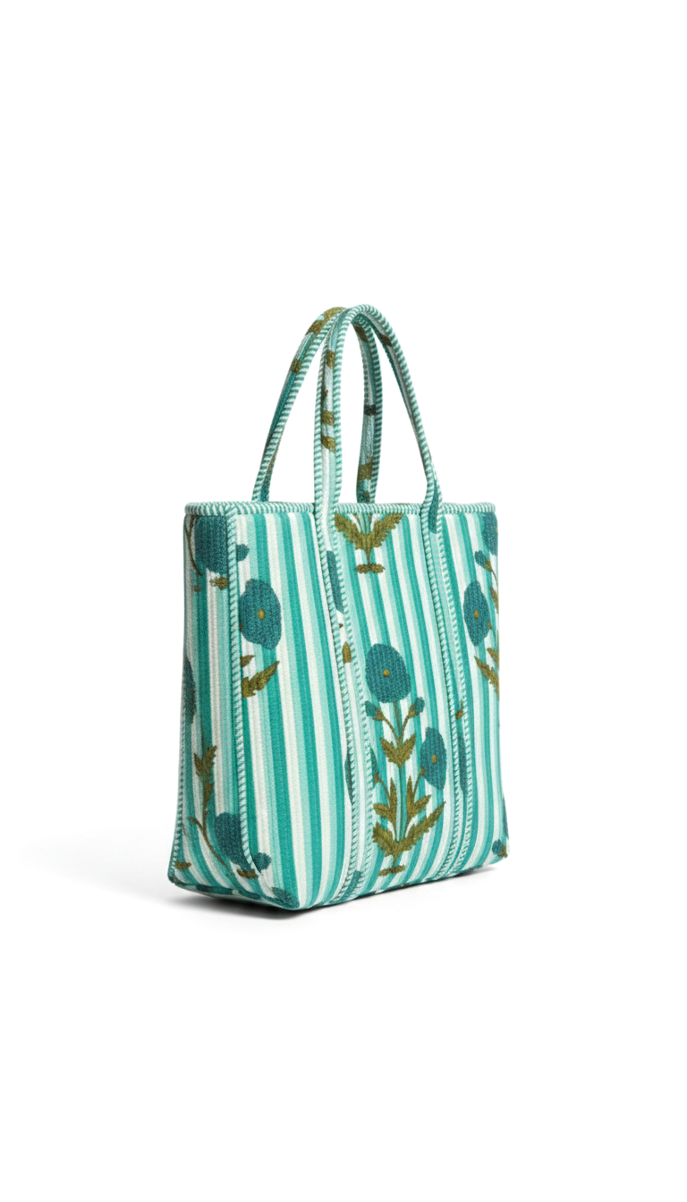 Handmade Green Floral Striped Quilted Cotton Tote Bag, Indian Block Print Boho Shoulder Bag, Botanical Travel Shopping Beach Bag