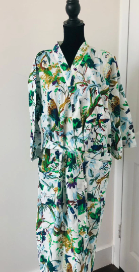 Handcrafted Block Print Cotton Kimono Robe | Green & Blue Botanical Bird Forest Lounge Robe | Spa & Sleepwear