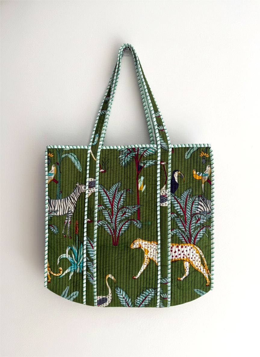 Handmade Light Blue Safari Jungle Print Quilted Cotton Tote Bag, Indian Block Print Leopard Zebra Boho Shoulder Bag, Animal Print Travel Beach Bag (Copy)