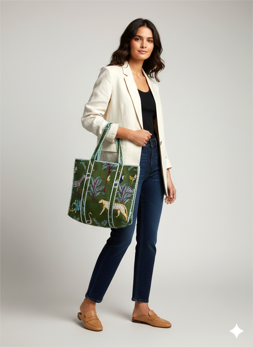 Handmade Light Blue Safari Jungle Print Quilted Cotton Tote Bag, Indian Block Print Leopard Zebra Boho Shoulder Bag, Animal Print Travel Beach Bag (Copy)