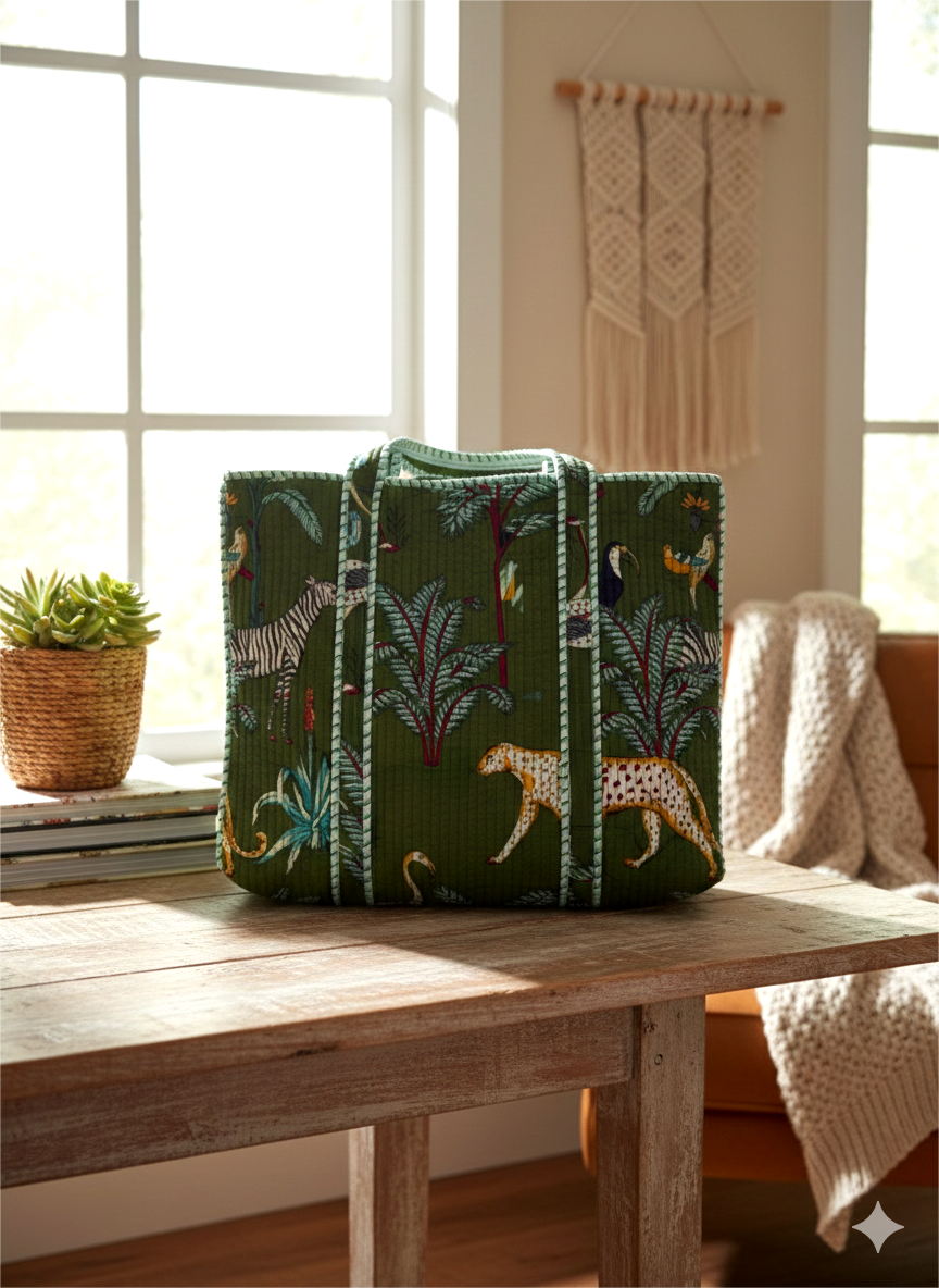 Handmade Light Blue Safari Jungle Print Quilted Cotton Tote Bag, Indian Block Print Leopard Zebra Boho Shoulder Bag, Animal Print Travel Beach Bag (Copy)