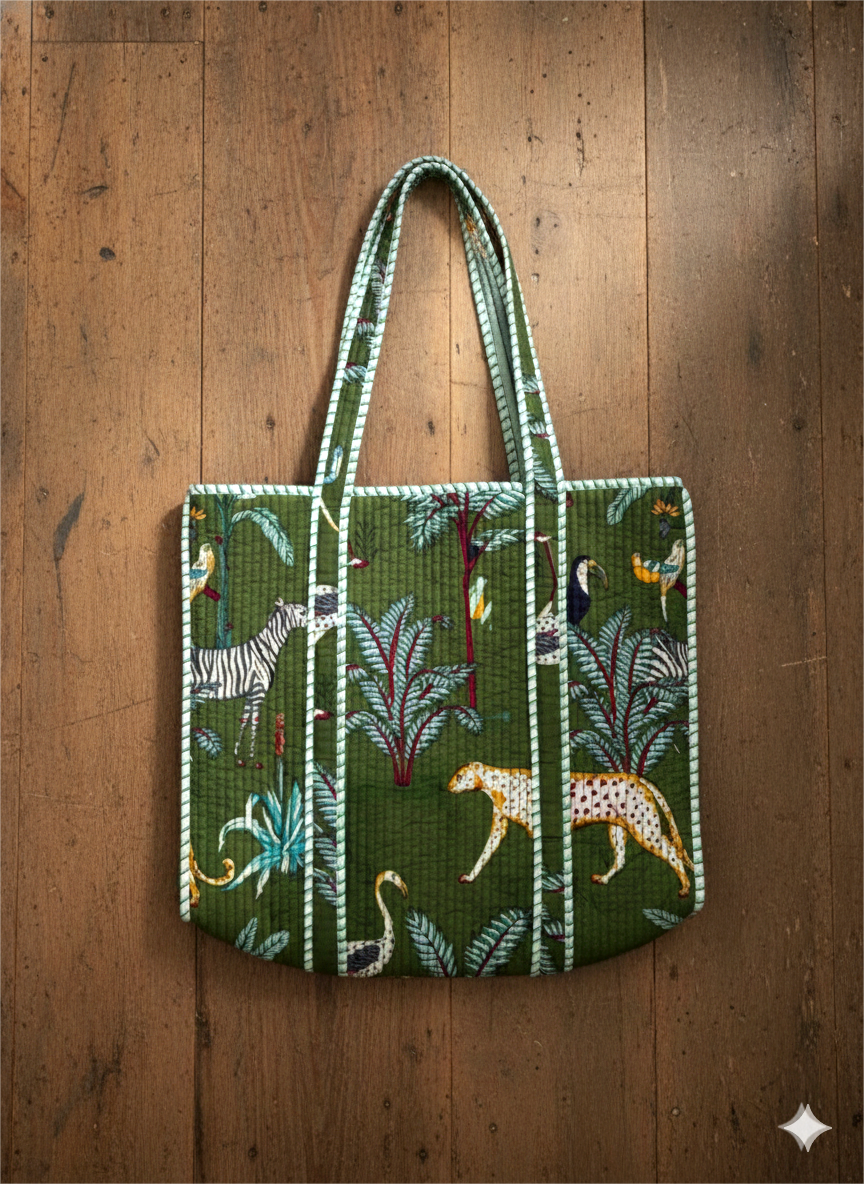Handmade Light Blue Safari Jungle Print Quilted Cotton Tote Bag, Indian Block Print Leopard Zebra Boho Shoulder Bag, Animal Print Travel Beach Bag (Copy)