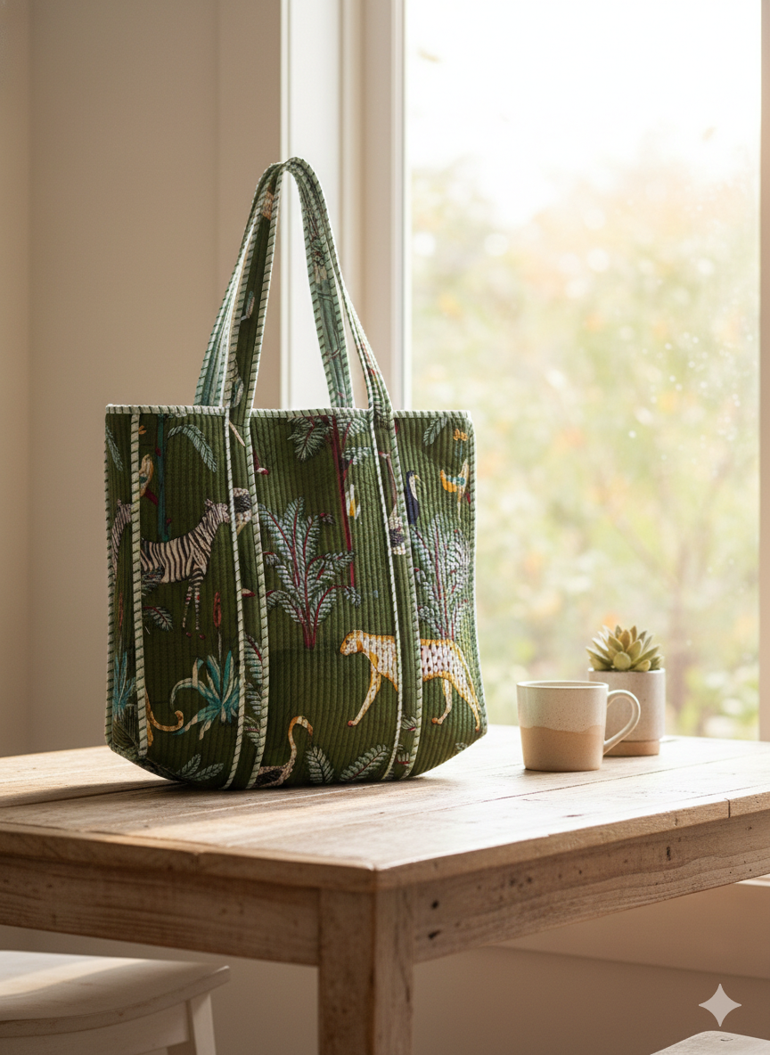 Handmade Light Blue Safari Jungle Print Quilted Cotton Tote Bag, Indian Block Print Leopard Zebra Boho Shoulder Bag, Animal Print Travel Beach Bag (Copy)