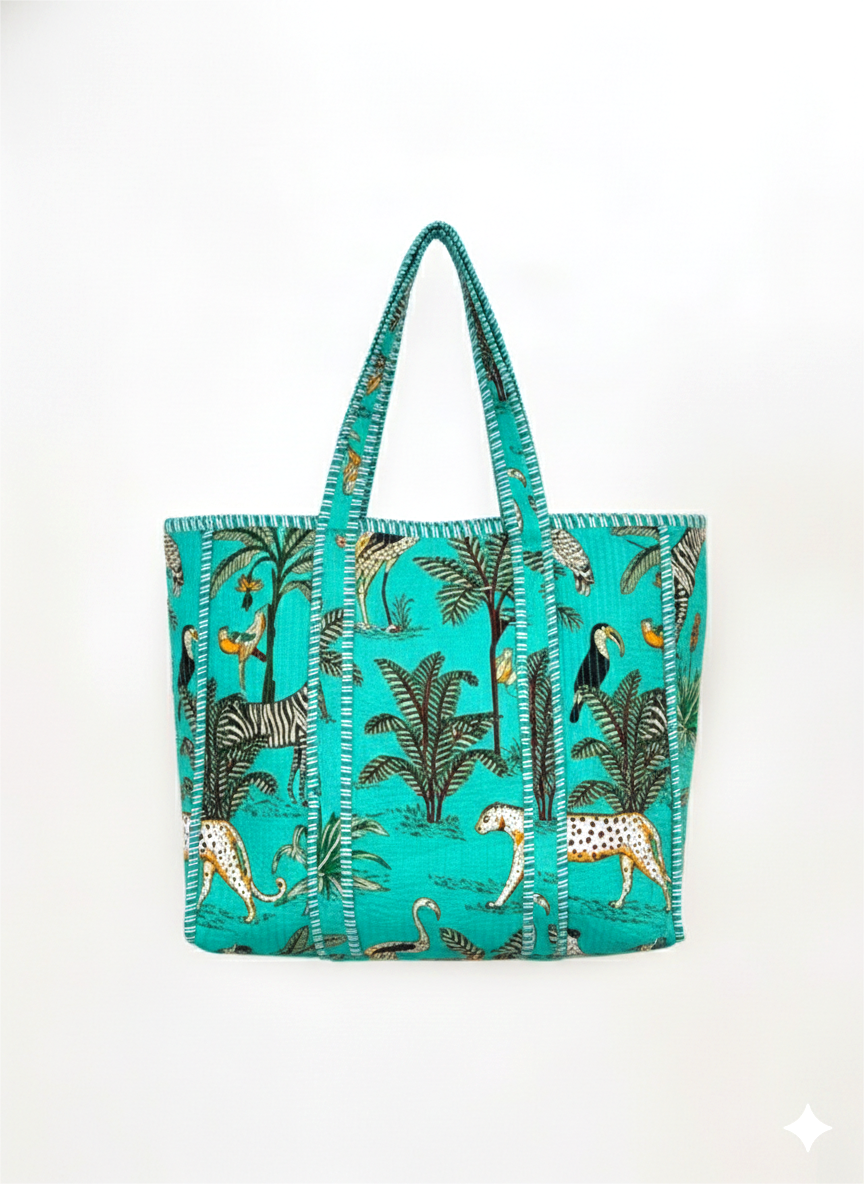 Handmade Light Blue Safari Jungle Print Quilted Cotton Tote Bag, Indian Block Print Leopard Zebra Boho Shoulder Bag, Animal Print Travel Beach Bag (Copy)