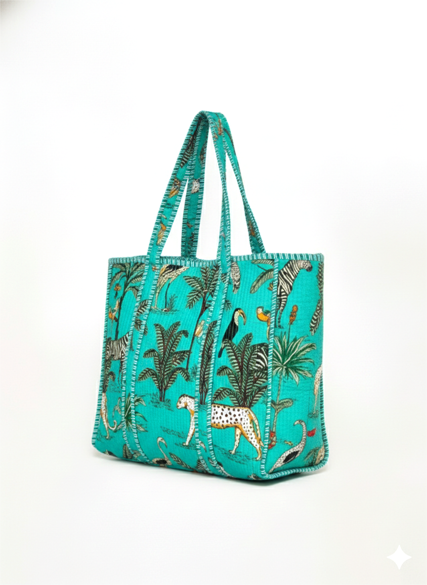 Handmade Light Blue Safari Jungle Print Quilted Cotton Tote Bag, Indian Block Print Leopard Zebra Boho Shoulder Bag, Animal Print Travel Beach Bag (Copy)