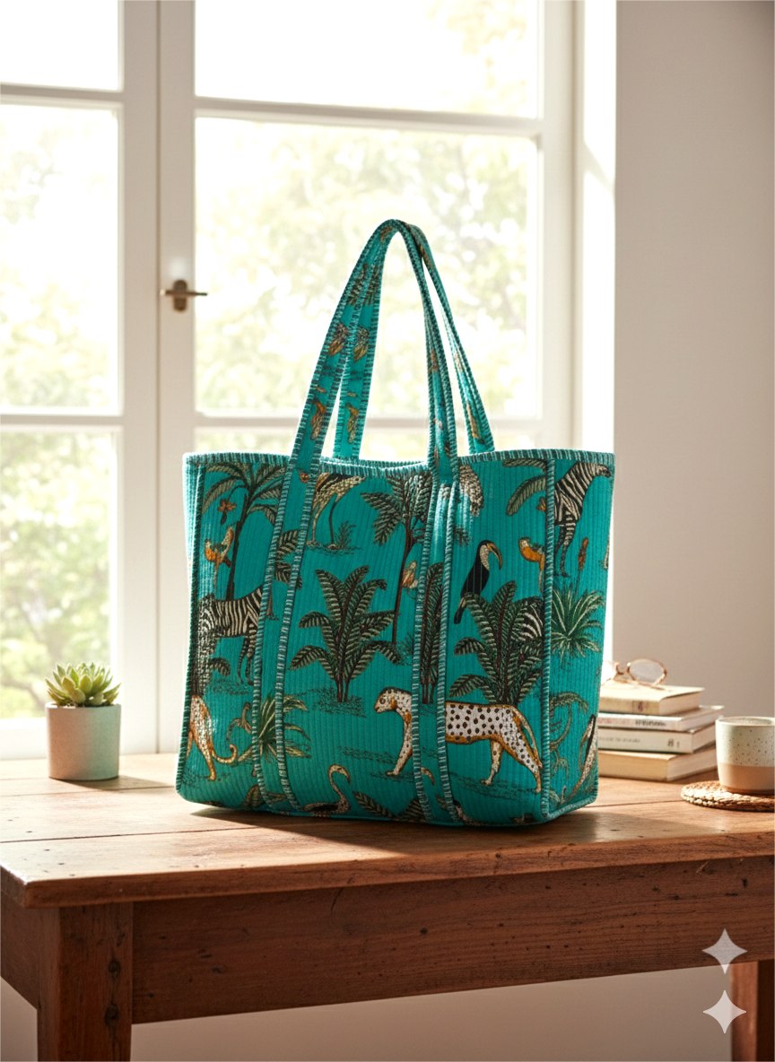 Handmade Light Blue Safari Jungle Print Quilted Cotton Tote Bag, Indian Block Print Leopard Zebra Boho Shoulder Bag, Animal Print Travel Beach Bag (Copy)