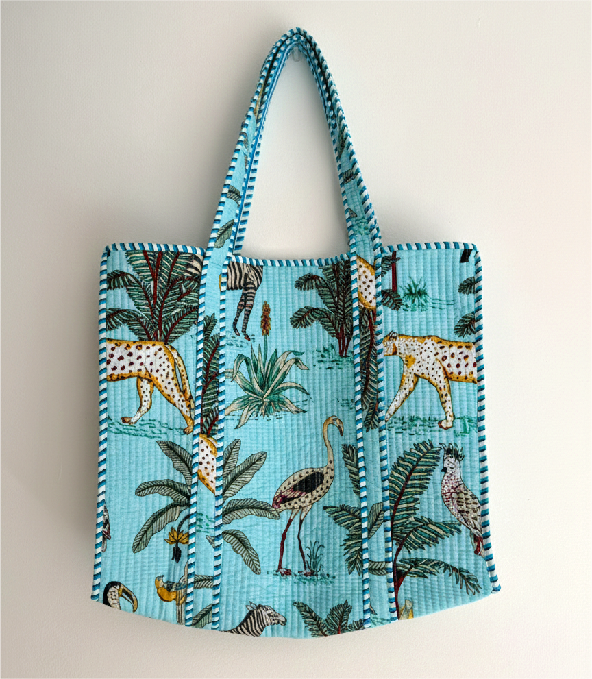 Handmade Light Blue Safari Jungle Print Quilted Cotton Tote Bag, Indian Block Print Leopard Zebra Boho Shoulder Bag, Animal Print Travel Beach Bag (Copy)