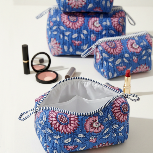 Set Of 3 Makeup Bag, Neel Blossom Floral Block Print Cotton Travel Case, Quilted Cosmetic Storage Bag Set