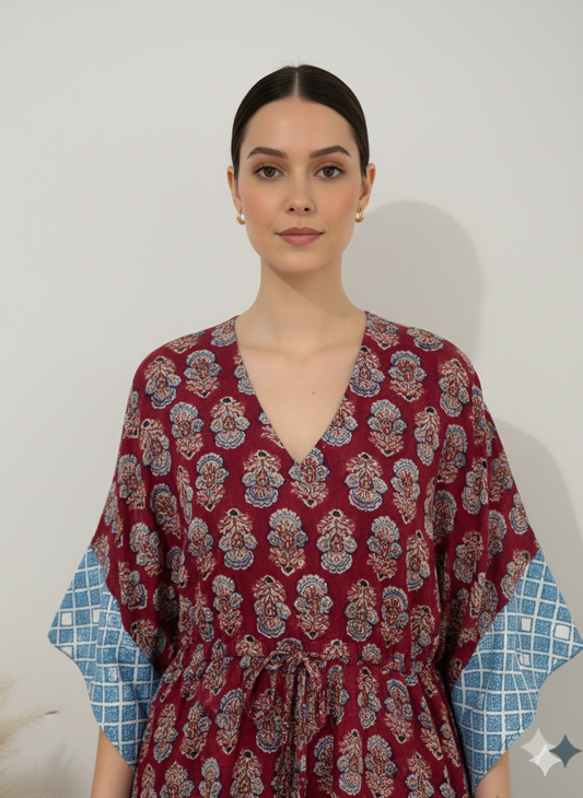 Hand Block Print Cotton Kaftan - Maroon Floral Motif Long Maxi Dress, Soft Loungewear