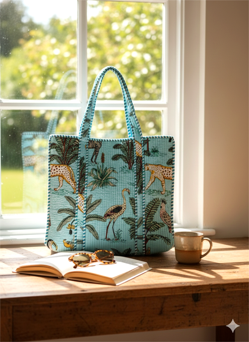 Handmade Light Blue Safari Jungle Print Quilted Cotton Tote Bag, Indian Block Print Leopard Zebra Boho Shoulder Bag, Animal Print Travel Beach Bag (Copy)