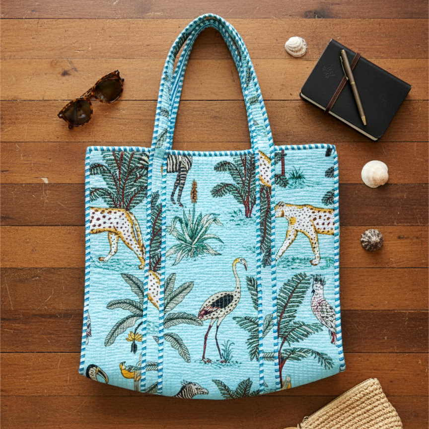 Handmade Light Blue Safari Jungle Print Quilted Cotton Tote Bag, Indian Block Print Leopard Zebra Boho Shoulder Bag, Animal Print Travel Beach Bag (Copy)