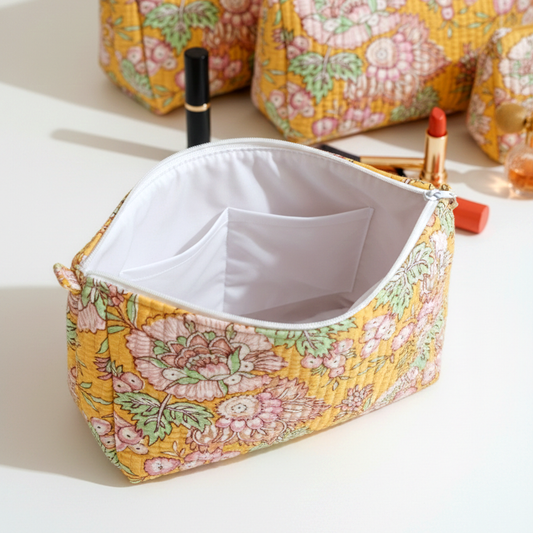 Set Of 3 Makeup Bag, Mewar Spring Floral Block Print Cotton Travel Case, Quilted Cosmetic Storage Bag Set