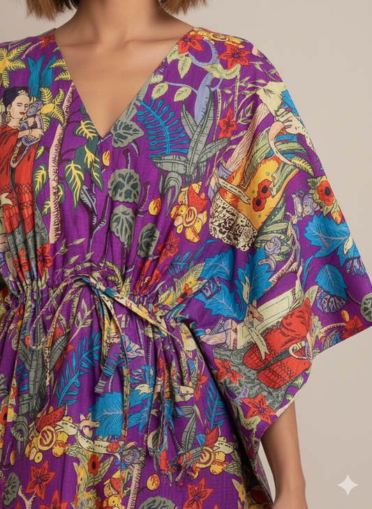 Hand Block Print Cotton Kaftan - Purple Frida Kahlo Portrait Long Maxi Dress, Soft Loungewear