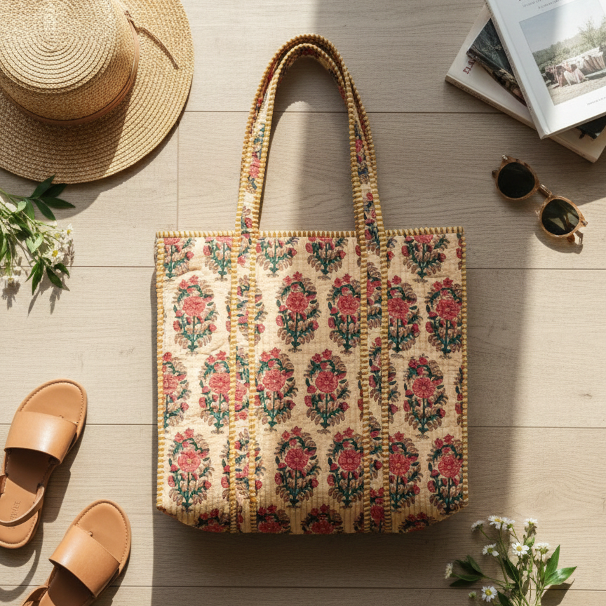 Handmade Beige Floral Block Print Quilted Cotton Tote Bag, Indian Boho Shoulder Bag, Botanical Travel Shopping Beach Bag