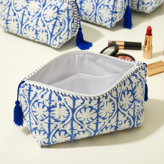 Set Of 3 Makeup Bag, Indigo Jali Block Print Cotton Travel Case, Quilted Cosmetic Storage Bag Set