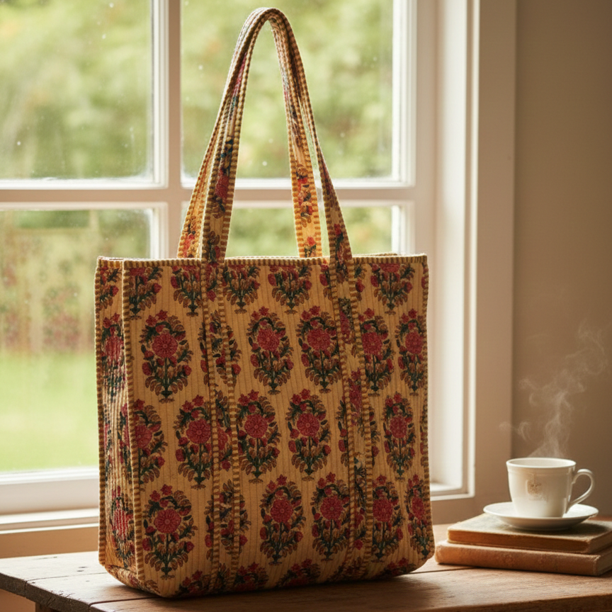 Handmade Beige Floral Block Print Quilted Cotton Tote Bag, Indian Boho Shoulder Bag, Botanical Travel Shopping Beach Bag
