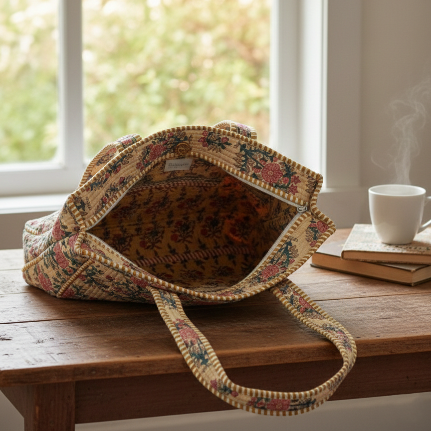 Handmade Beige Floral Block Print Quilted Cotton Tote Bag, Indian Boho Shoulder Bag, Botanical Travel Shopping Beach Bag