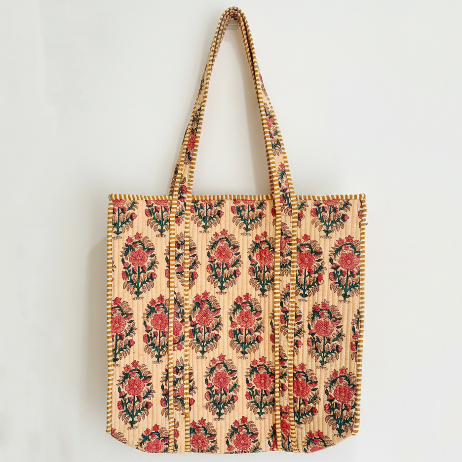 Handmade Beige Floral Block Print Quilted Cotton Tote Bag, Indian Boho Shoulder Bag, Botanical Travel Shopping Beach Bag
