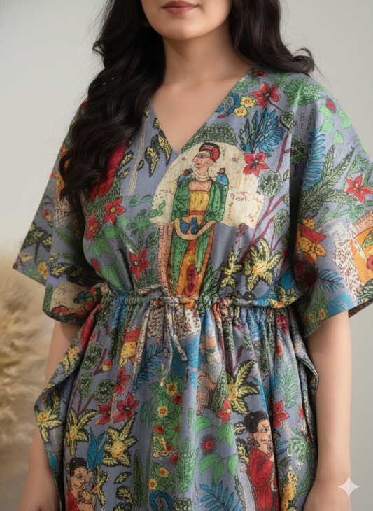 Hand Block Print Cotton Kaftan - Slate Grey Frida Kahlo Long Maxi Dress, Soft Loungewear