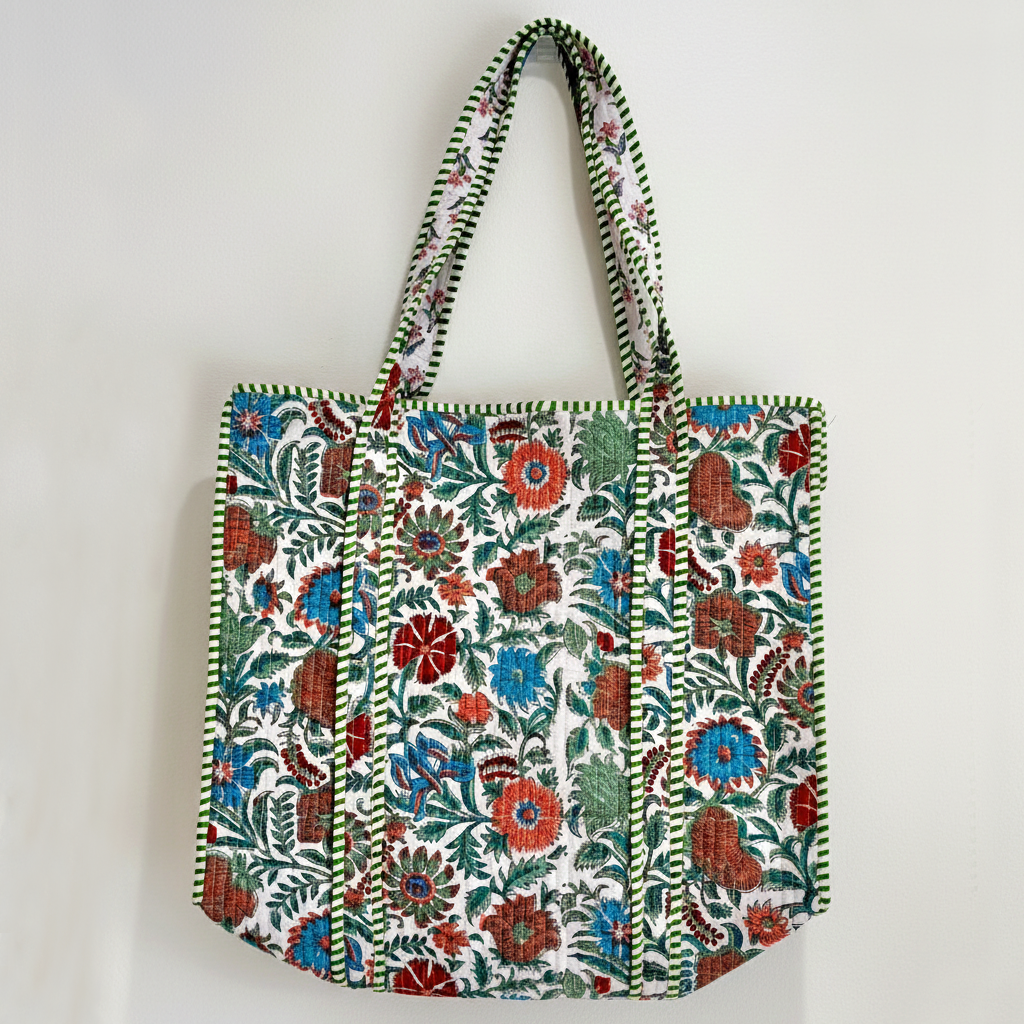 Handmade Multi Floral Block Print Quilted Cotton Tote Bag, Indian Boho Shoulder Bag, Botanical Travel Shopping Beach Bag