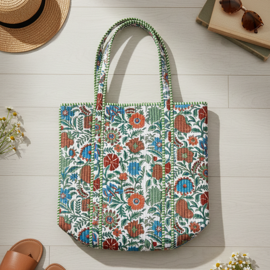 Handmade Multi Floral Block Print Quilted Cotton Tote Bag, Indian Boho Shoulder Bag, Botanical Travel Shopping Beach Bag