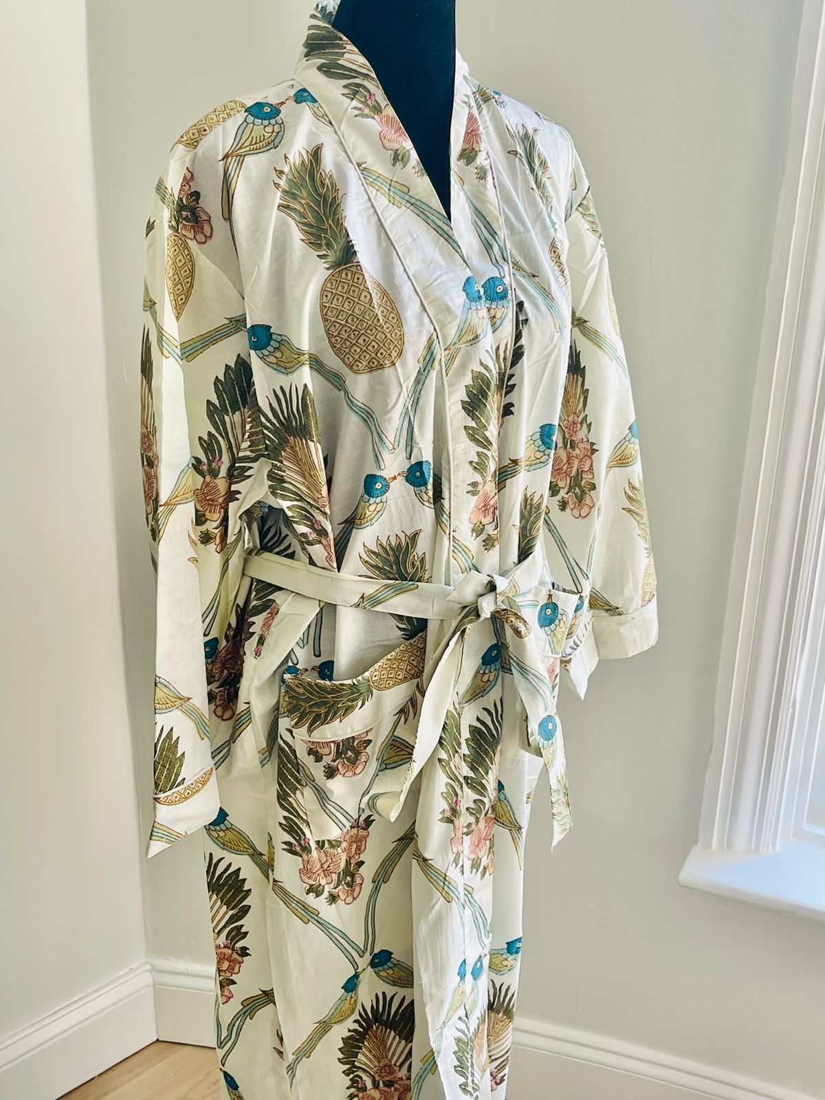 Handcrafted Block Print Cotton Kimono Robe | Blue Birds, Pineapples & Floral Botanical Lounge Robe | Spa & Sleepwear