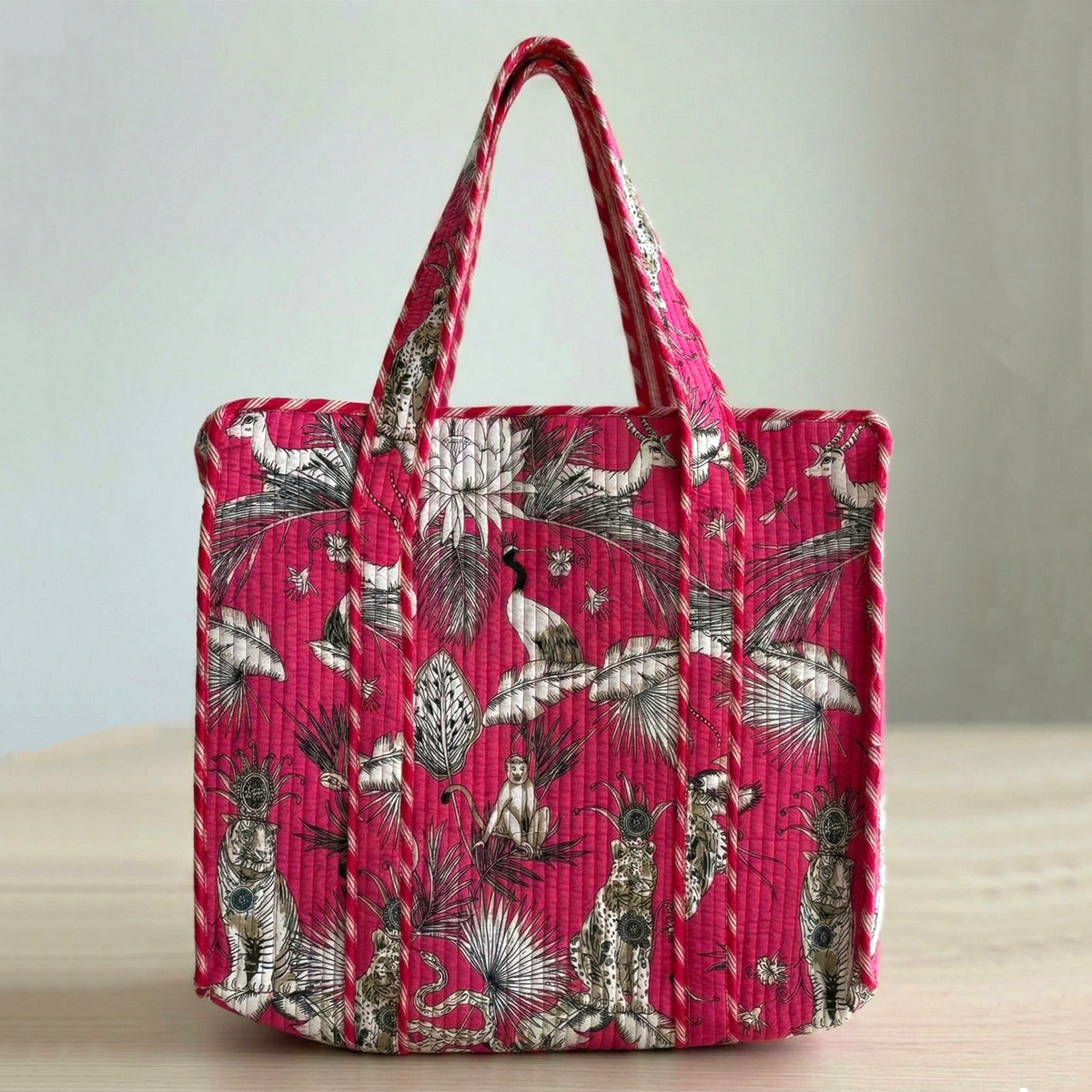 Handmade Pink Safari Jungle Print Quilted Cotton Tote Bag, Indian Block Print Tiger Monkey Boho Shoulder Bag, Animal Print Travel Beach Bag