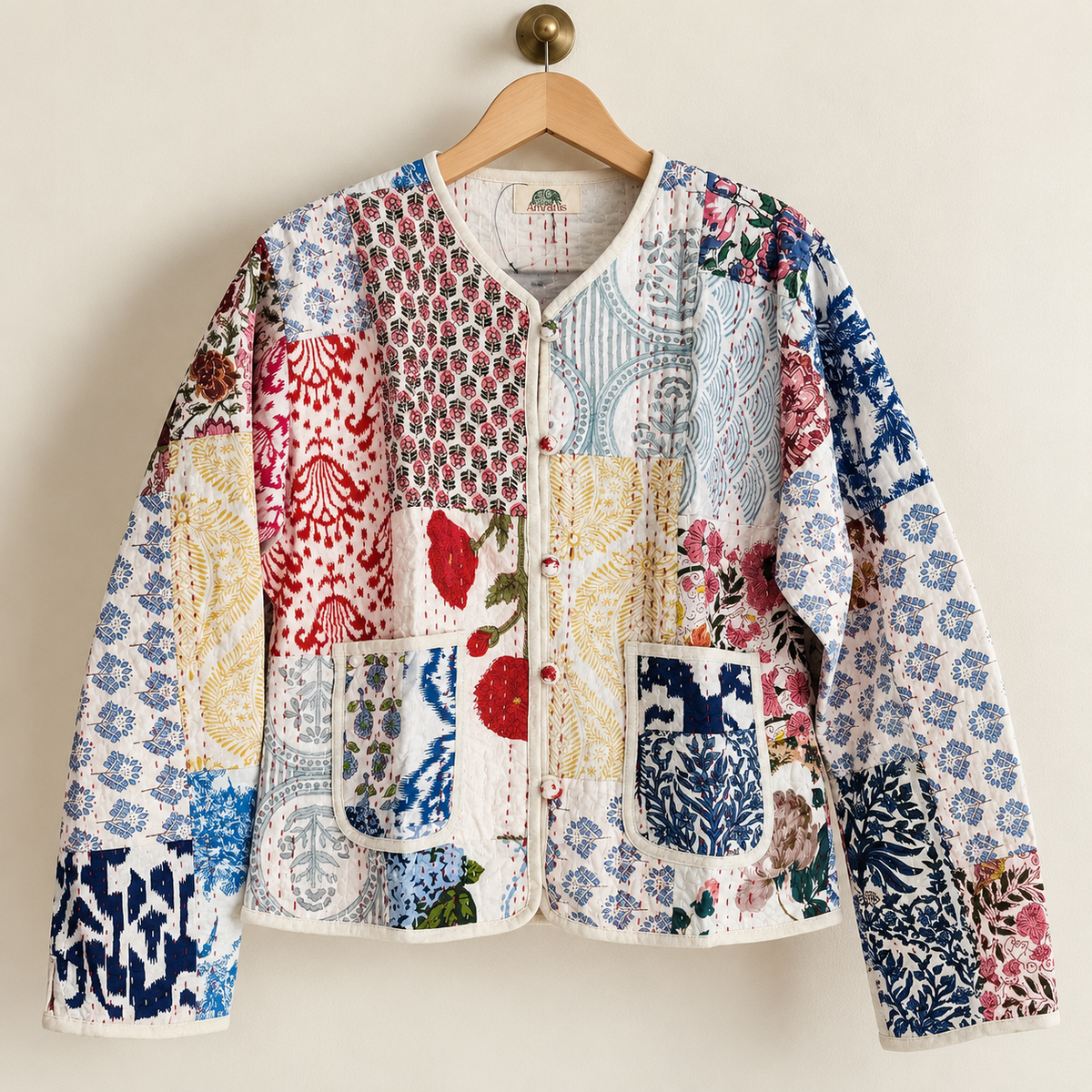 Cotton Patchwork Quilted Jacket Indian Hand Kantha Stitch Short Coat Women Boho Block Print Outerwear Lightweight Cardigan Gift For Her