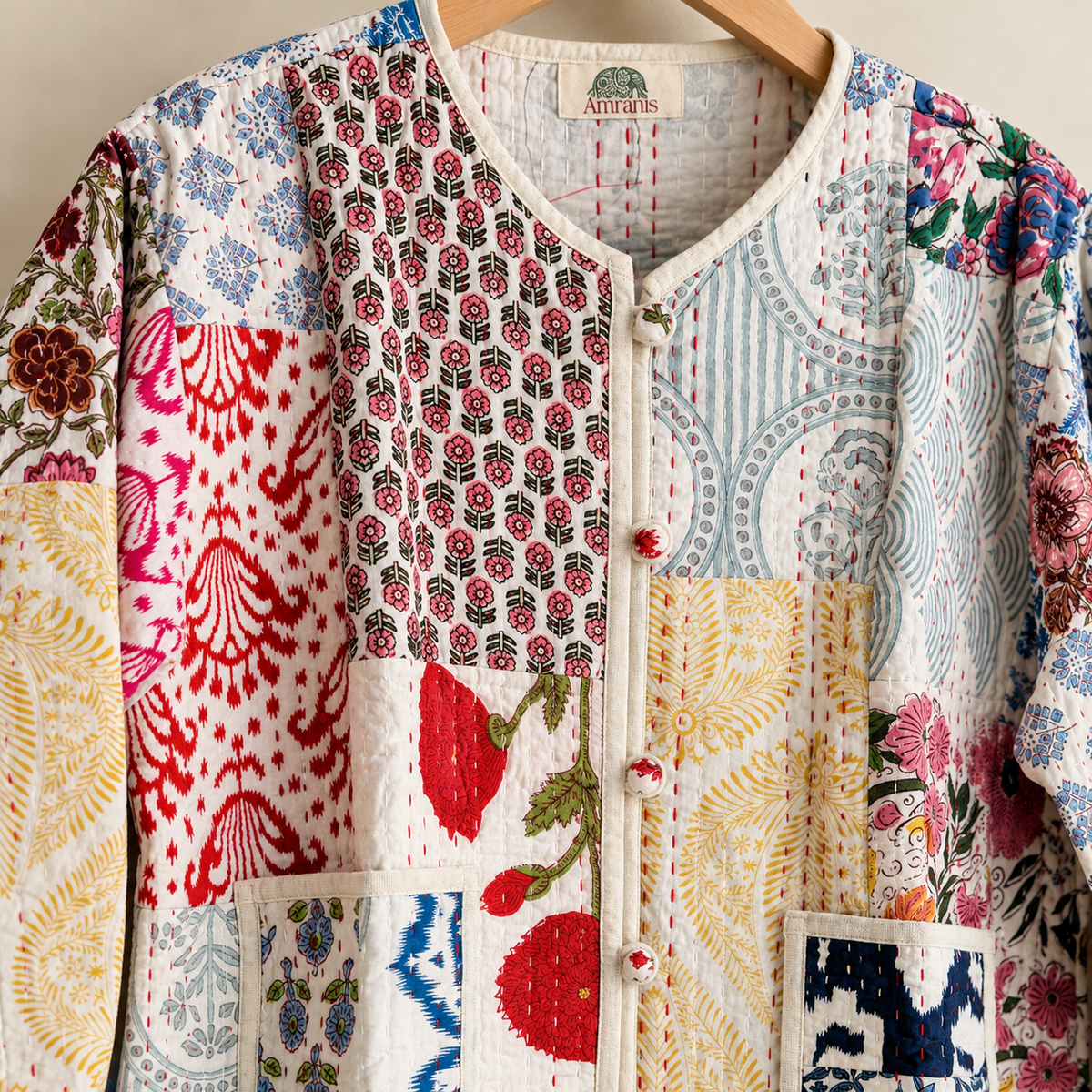 Cotton Patchwork Quilted Jacket Indian Hand Kantha Stitch Short Coat Women Boho Block Print Outerwear Lightweight Cardigan Gift For Her