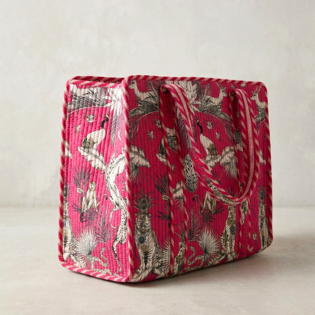 Handmade Pink Safari Jungle Print Quilted Cotton Tote Bag, Indian Block Print Tiger Monkey Boho Shoulder Bag, Animal Print Travel Beach Bag