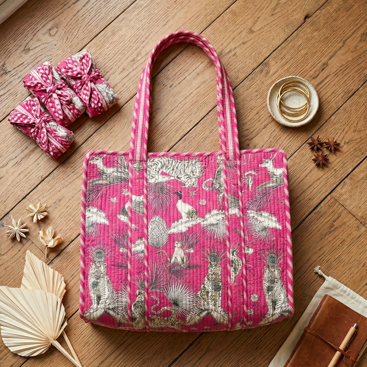 Handmade Pink Safari Jungle Print Quilted Cotton Tote Bag, Indian Block Print Tiger Monkey Boho Shoulder Bag, Animal Print Travel Beach Bag