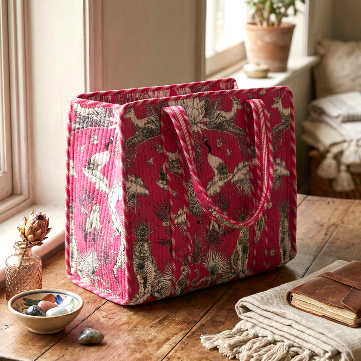 Handmade Pink Safari Jungle Print Quilted Cotton Tote Bag, Indian Block Print Tiger Monkey Boho Shoulder Bag, Animal Print Travel Beach Bag