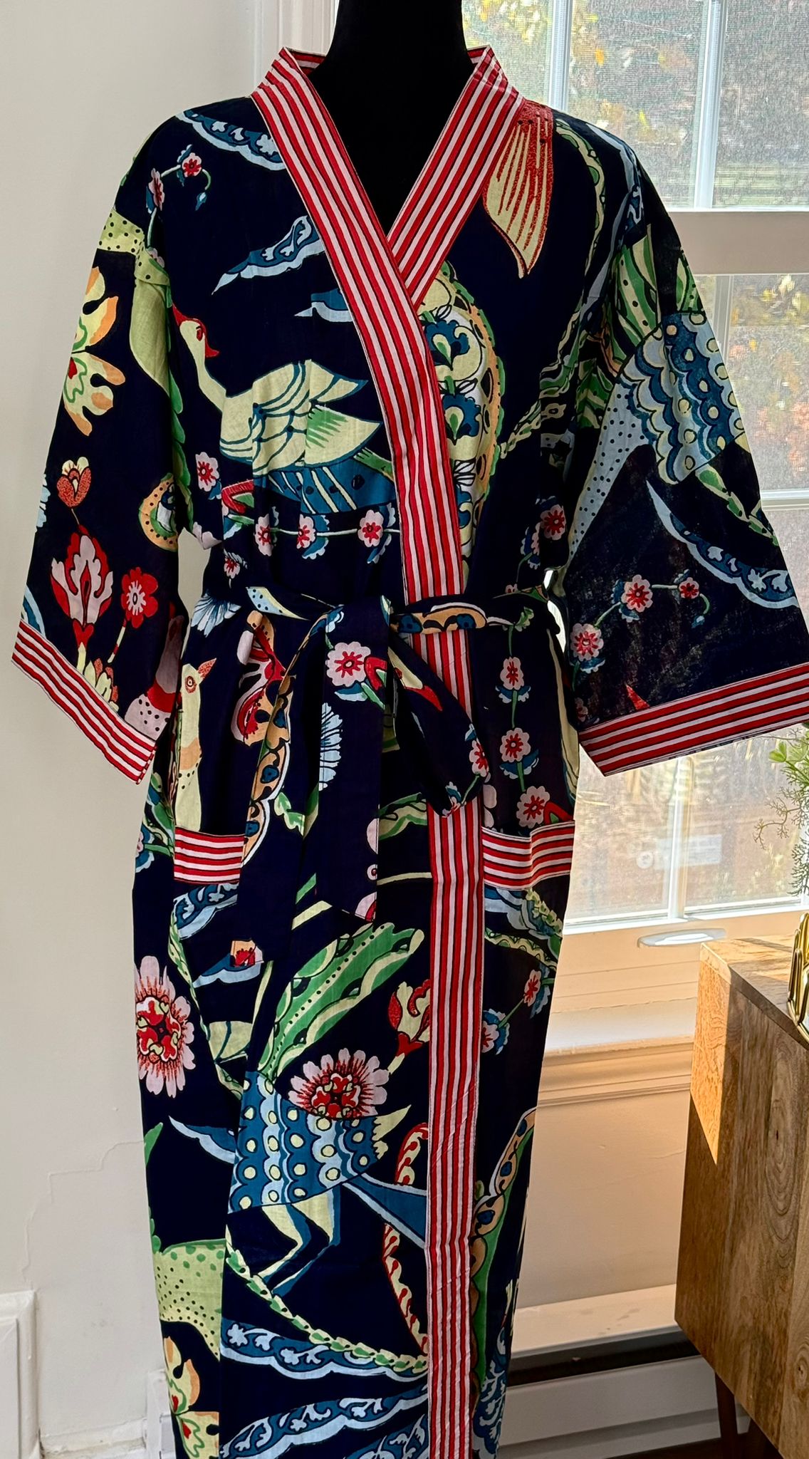 Handcrafted Block Print Cotton Kimono Robe | Navy Blue & Red Striped Trim Abstract Floral Lounge Robe | Spa & Sleepwear