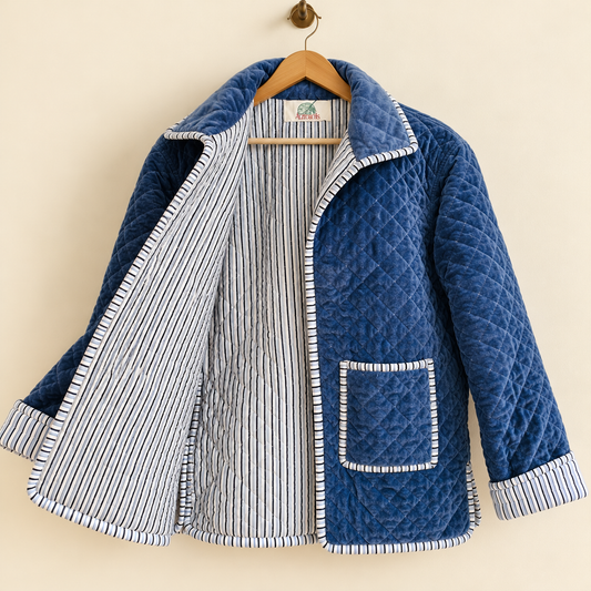 Reversible Blue Velvet Quilted Jacket Women Boho Short Coat Velvet Lined Striped Piping Winter Jacket Handcrafted Outerwear Gift For Her