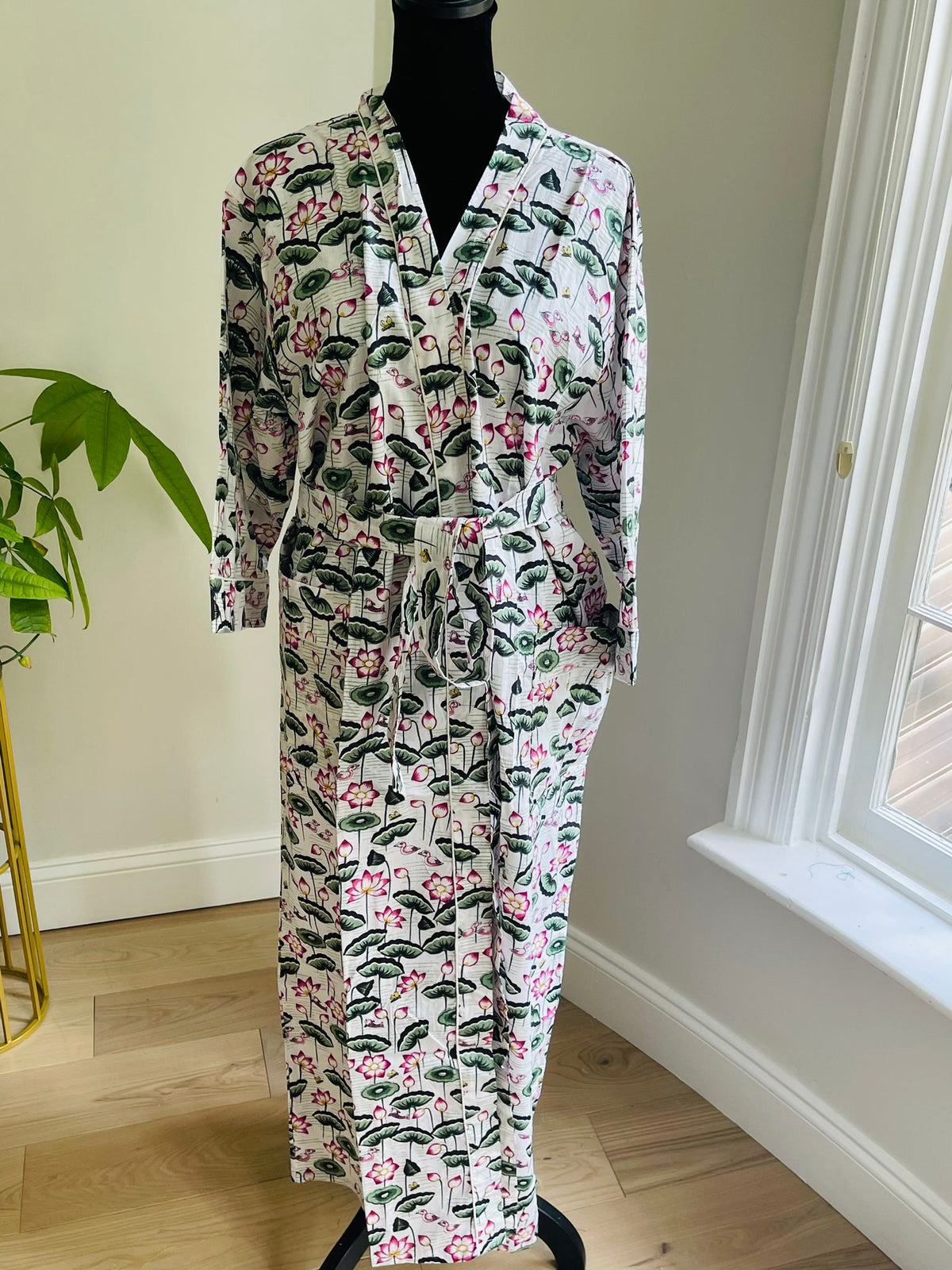 Handcrafted Block Print Cotton Kimono Robe | White, Pink & Green Lotus Floral Garden Lounge Robe | Spa & Sleepwear