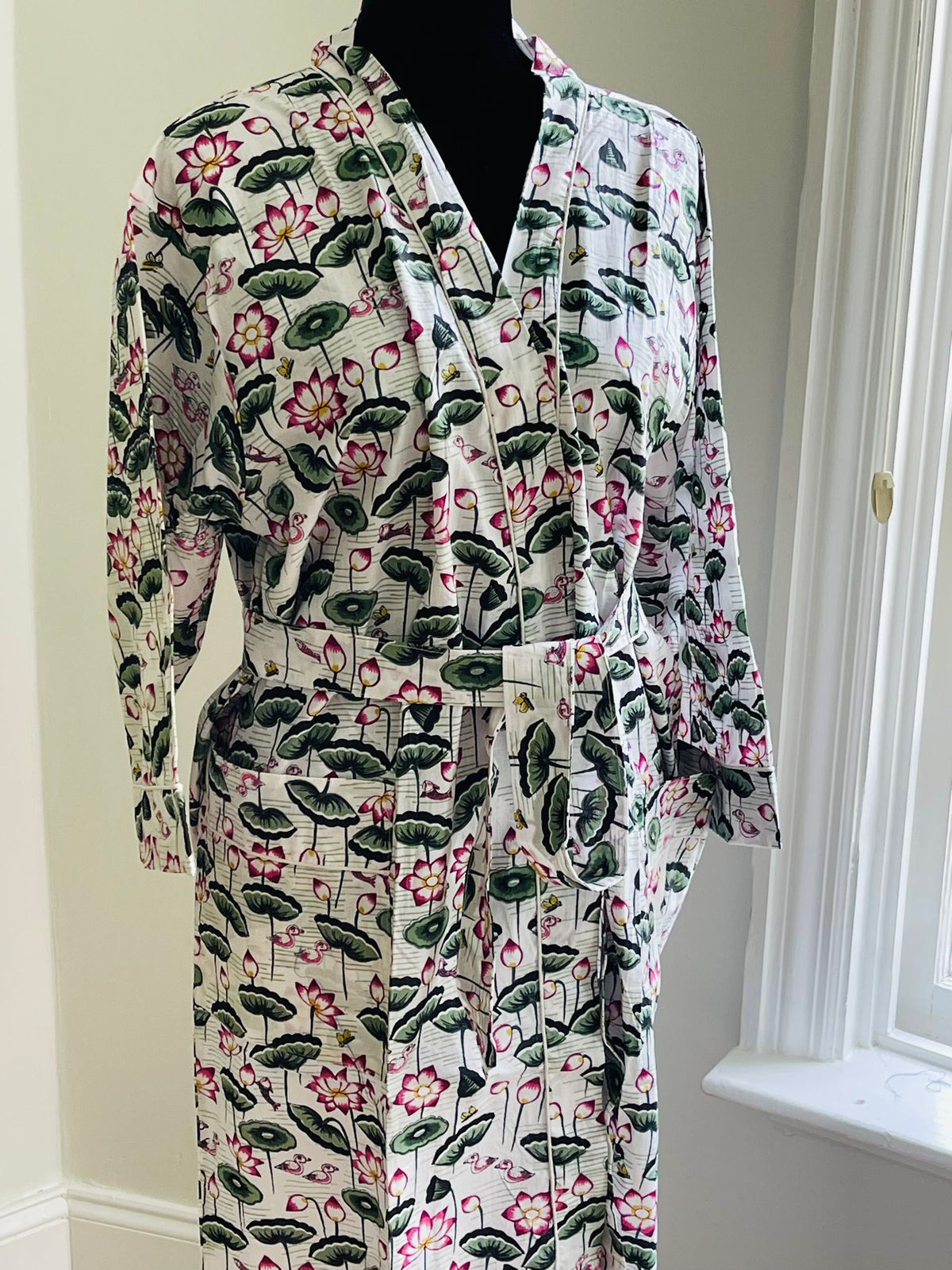 Handcrafted Block Print Cotton Kimono Robe | White, Pink & Green Lotus Floral Garden Lounge Robe | Spa & Sleepwear
