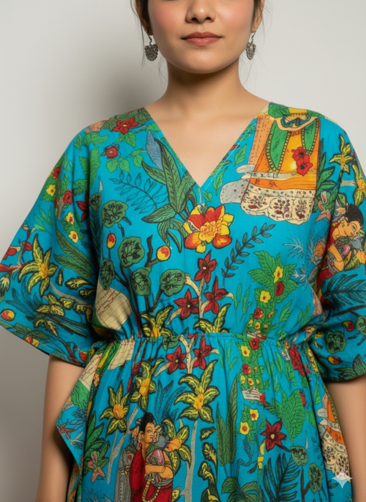 Hand Block Print Cotton Kaftan - Turquoise Blue Frida Kahlo Long Maxi Dress, Soft Loungewear