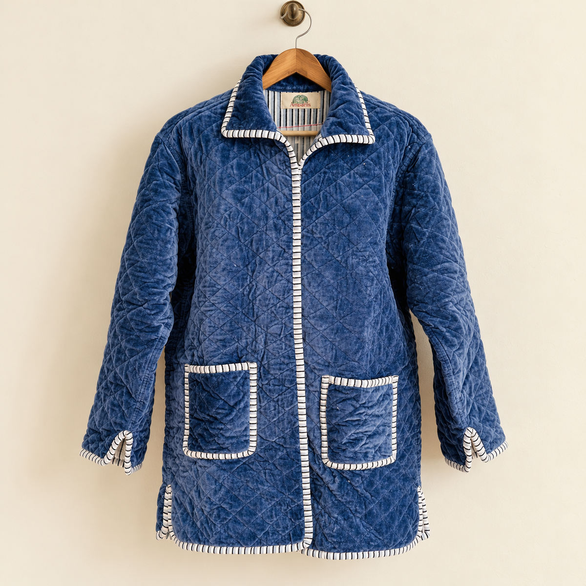 Reversible Blue Quilted Velvet Long Coat Women Boho Trench Style Winter Jacket Handcrafted Cotton Lined Duster Outerwear Gift For Her