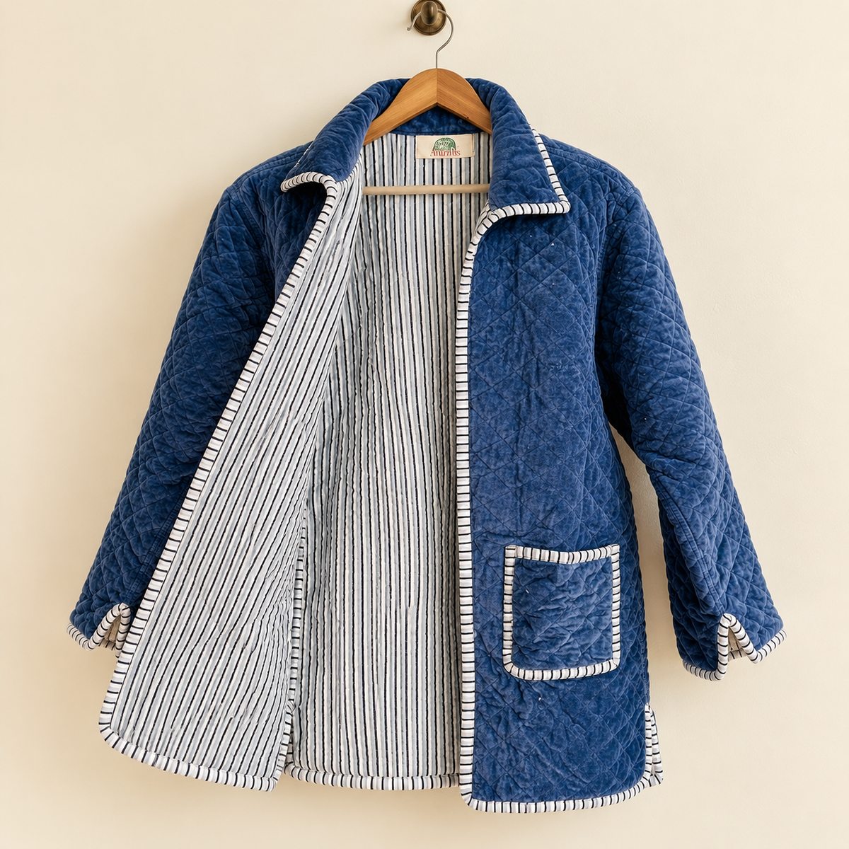 Reversible Blue Quilted Velvet Long Coat Women Boho Trench Style Winter Jacket Handcrafted Cotton Lined Duster Outerwear Gift For Her