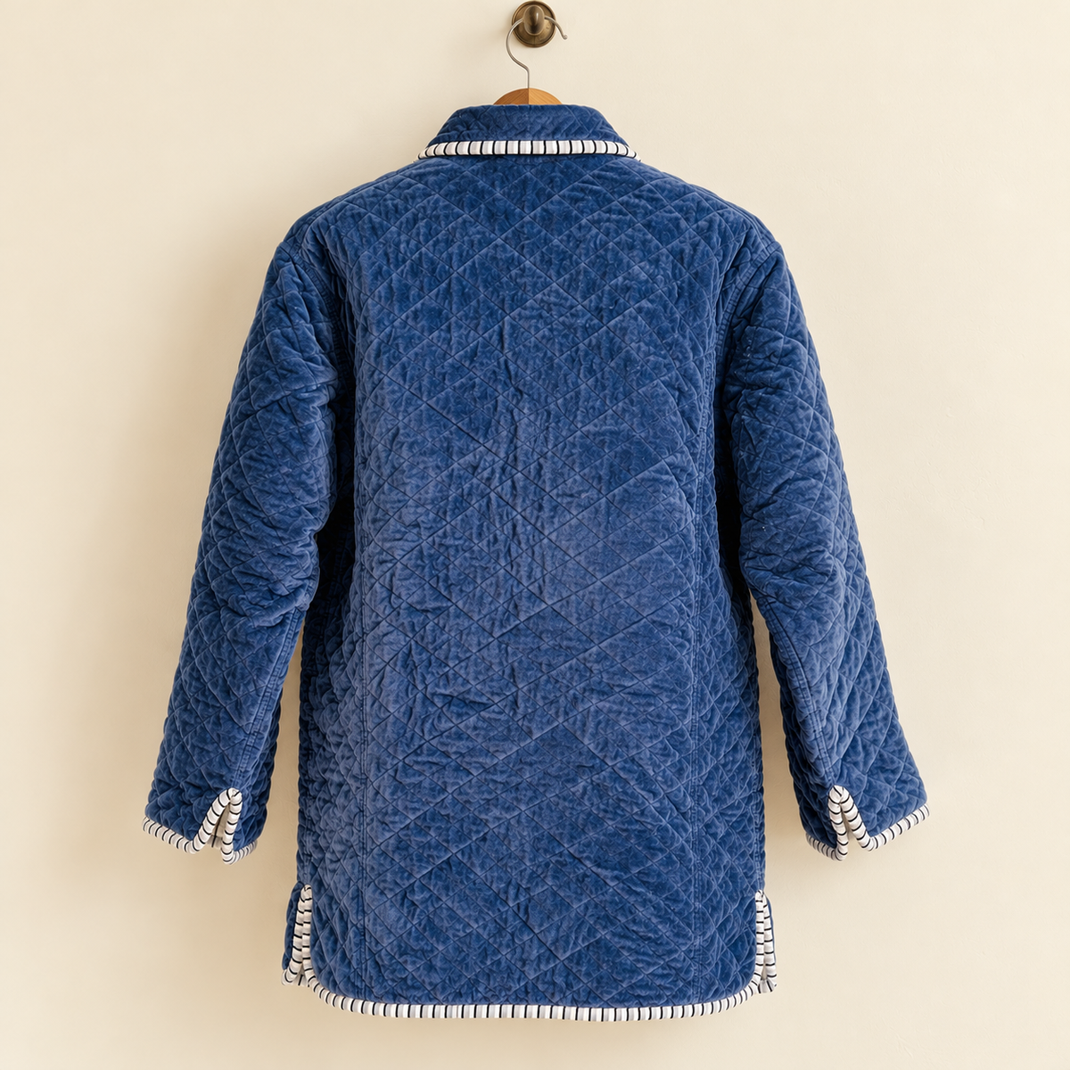Reversible Blue Quilted Velvet Long Coat Women Boho Trench Style Winter Jacket Handcrafted Cotton Lined Duster Outerwear Gift For Her