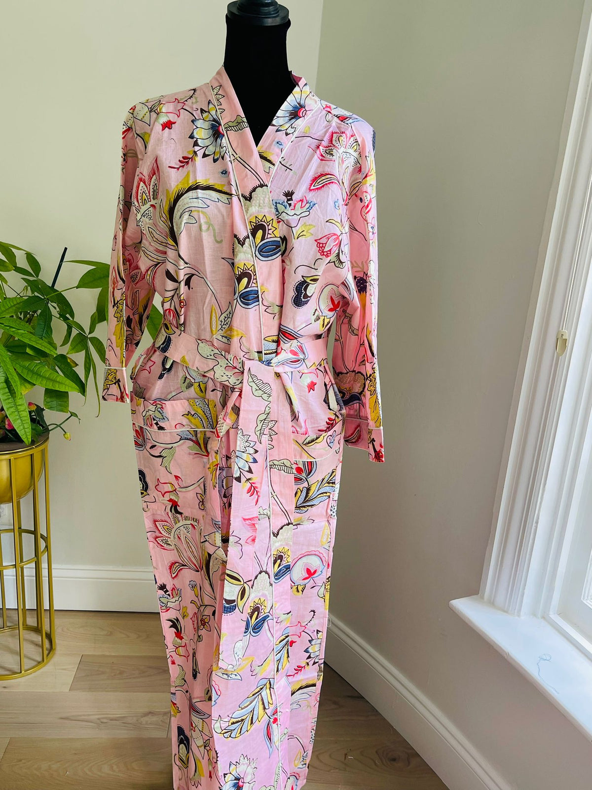 Handcrafted Block Print Cotton Kimono Robe | Soft Pink & Multicolor Floral Tapestry Lounge Robe | Spa & Sleepwear