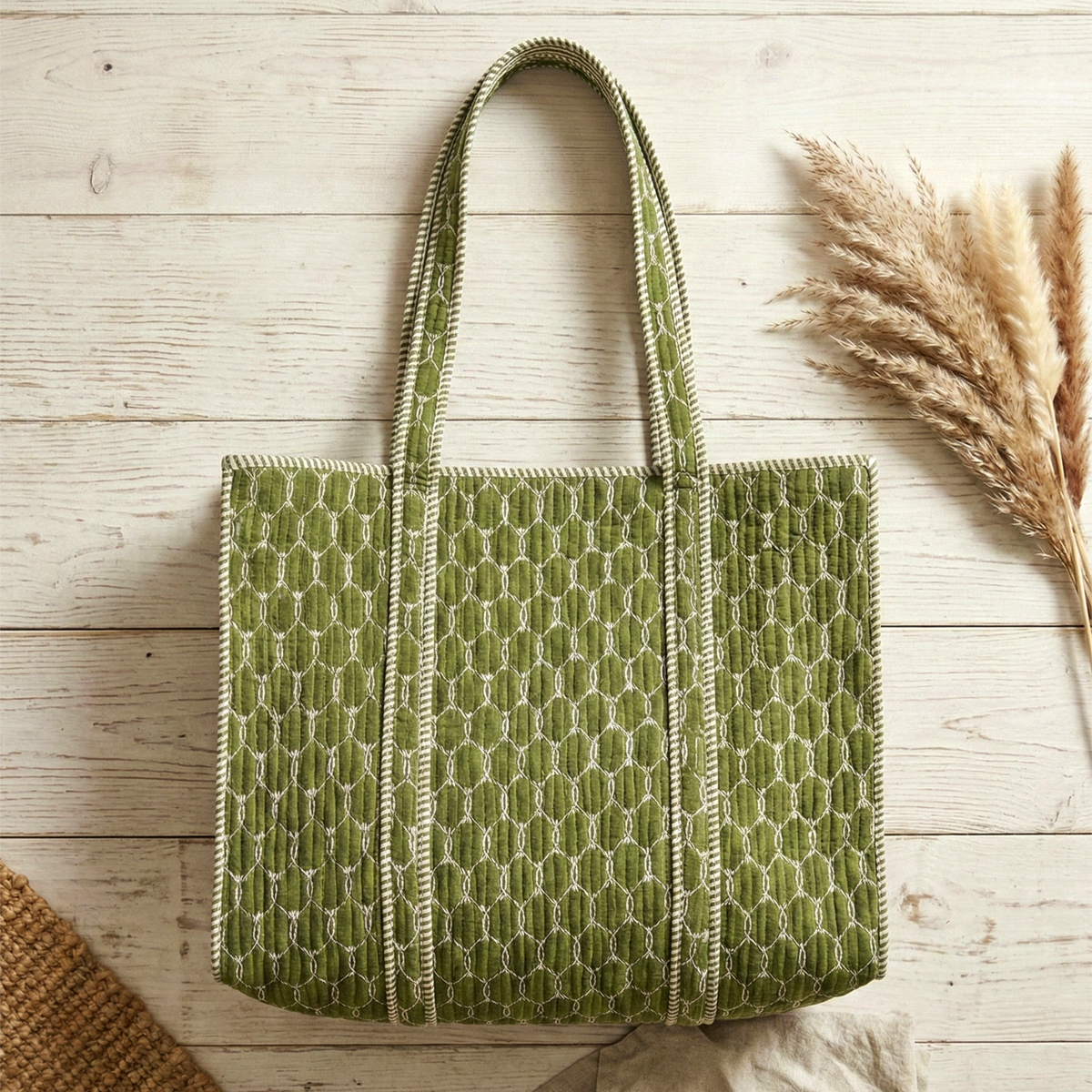 Handmade Green Geometric Print Quilted Cotton Tote Bag, Indian Block Print Lattice Boho Shoulder Bag, Minimalist Travel Beach Bag