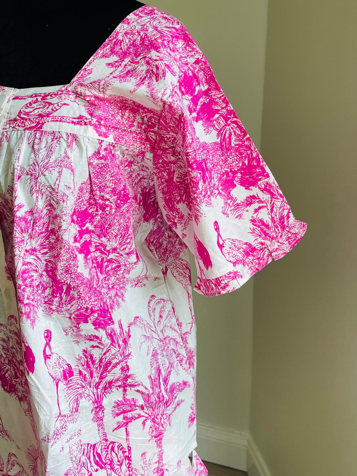 Hot Pink & White Tropical Toile Print Cotton Shorts Set, Square Neck Button Placket Sleepwear & Loungewear